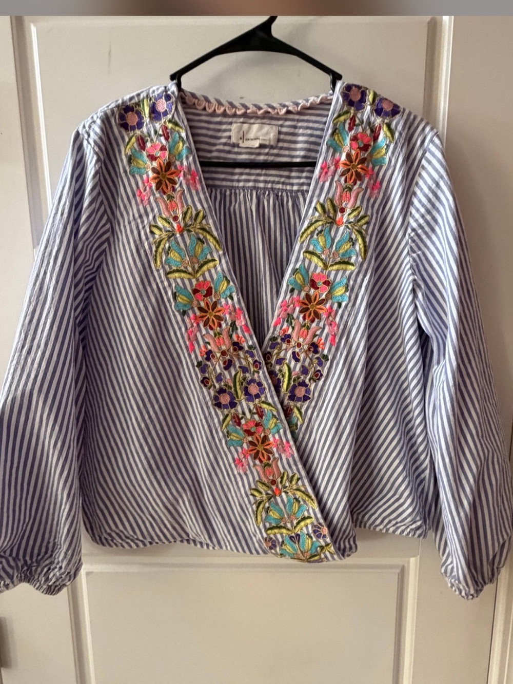 Anthropologie Artemis Blue & White Striped Embroidered V-Neck Blouse 138 retail